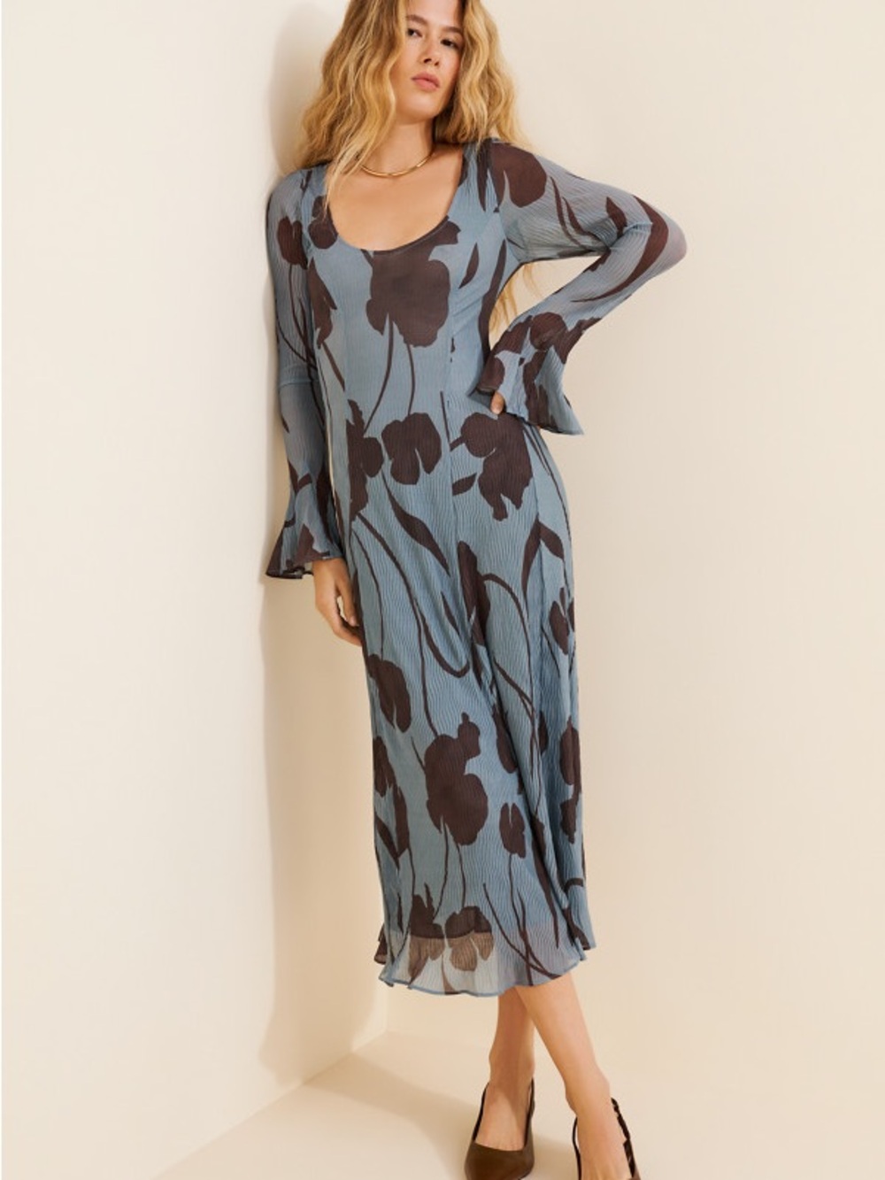 Free People Mari Midi Blue Floral Scoop Neck Dress